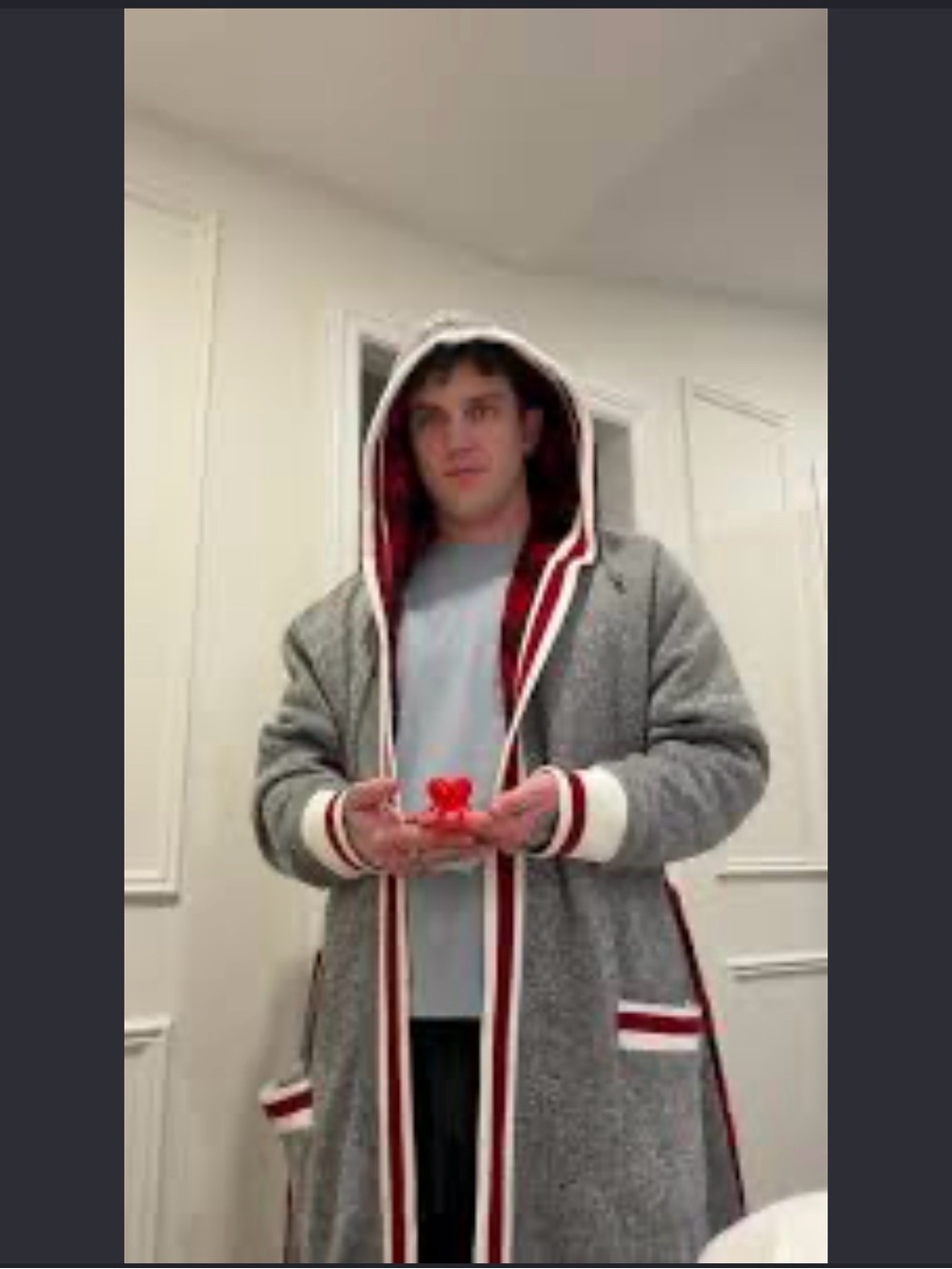 Men's Gray Hooded Long Housecoat with Red/white Trim | No size | No Belt